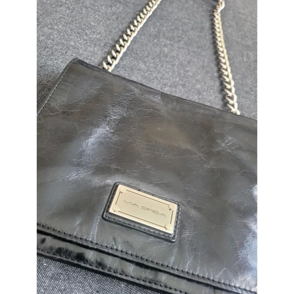 90s Y2K Via Spiga Black Shoulder Crossbody Bag Purse Leather‎ Chain Goth Grunge